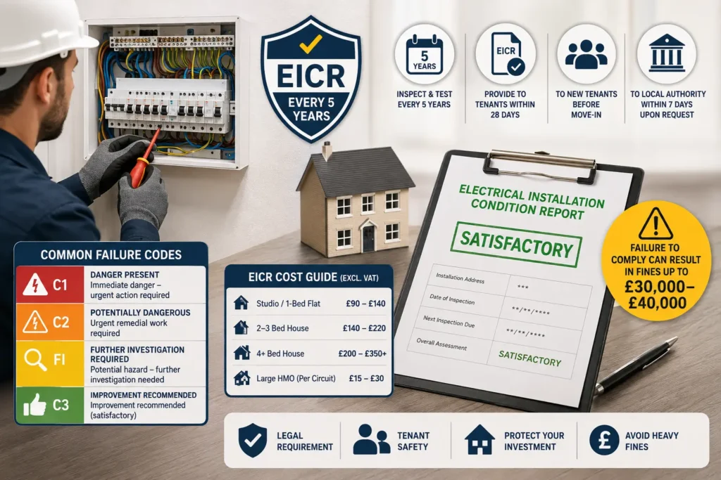 Qualified UK electrician conducting an EICR landlord requirements inspection on a modern consumer unit.