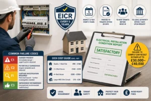 Qualified UK electrician conducting an EICR landlord requirements inspection on a modern consumer unit.