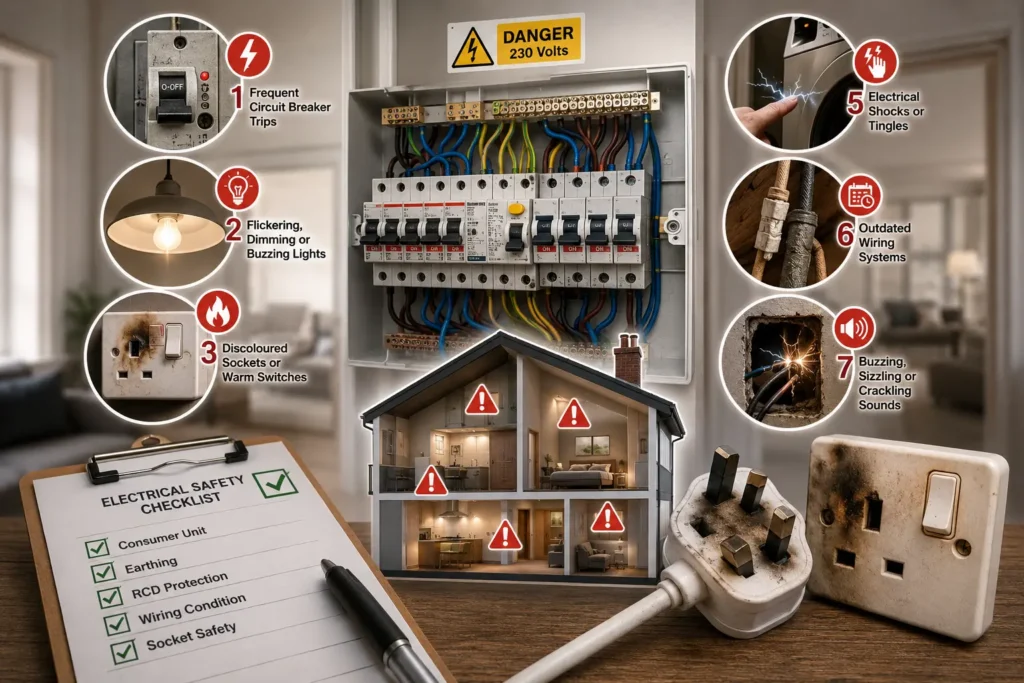 NICEIC certified UK electrician inspecting a modern home consumer unit and electrical wiring for safety risks